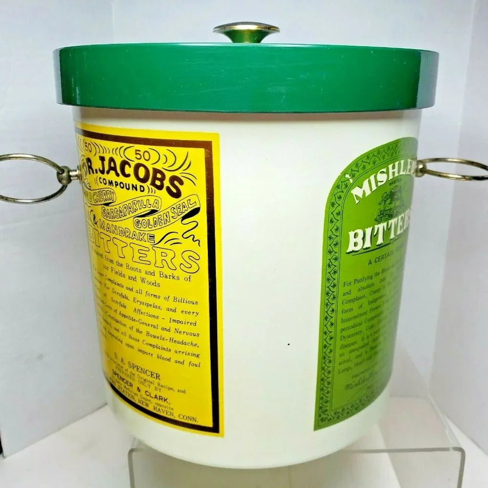 Vintage OOAK Ice Bucket medicinal bitters Labels Dr Jacob's Lashs Mishlers Wheat